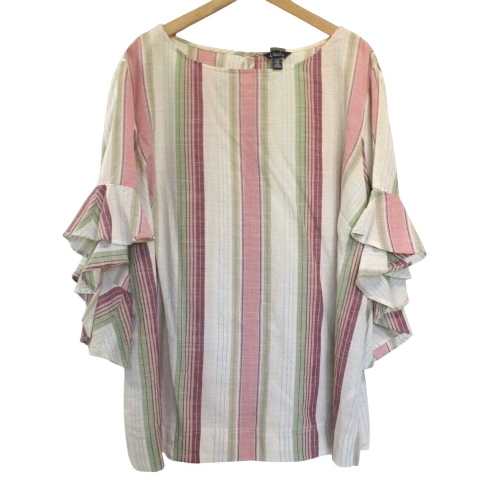 Chaps Womens Stripe Cotton Ruffle Sleeve Keyhole Shirt Top Blouse Size 3X Boho